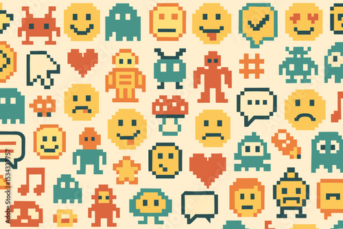 Colorful retro pixel art icons featuring robots, emoticons, and video game elements.
