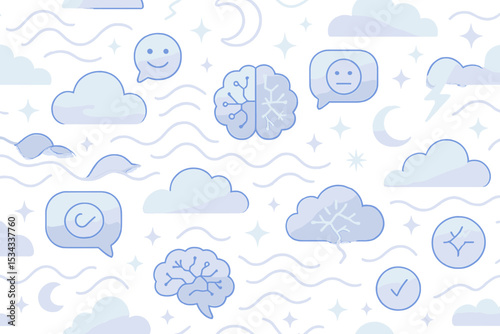 Light blue AI and emotion icons with clouds and neural graphics