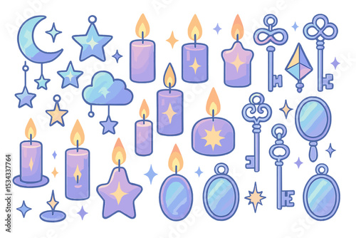 Mystical pastel icons with candles, stars, keys, and mirrors