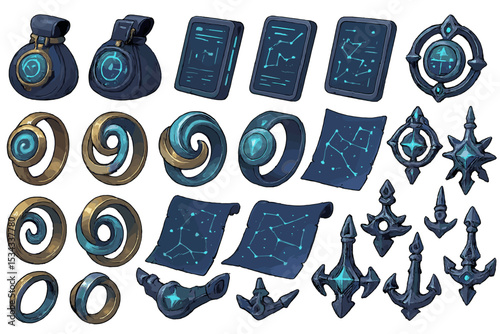 Fantasy constellation-themed artifacts including rings, scrolls, and relics