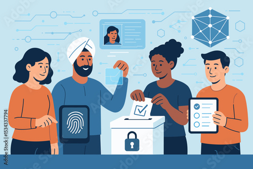 Illustration of secure digital voting with biometric and blockchain tech