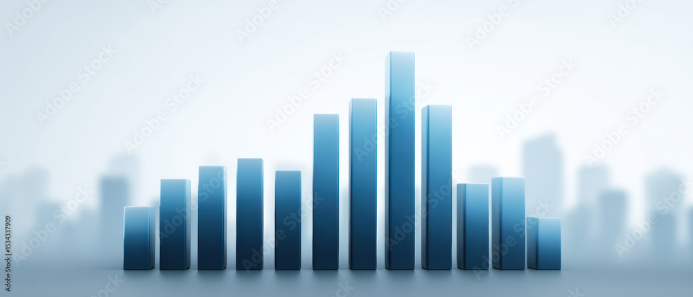 Fototapeta premium Bar chart with blue gradient bars representing data analysis against blurred cityscape background