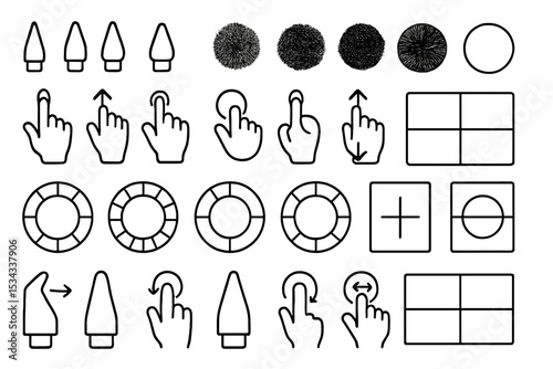 Set of UI interaction icons, including touch gestures and controls