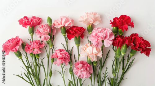 Vibrant Array of Pink and Red Carnations on White Background Showcasing Natural Beauty and Elegance in Floral Arrangement