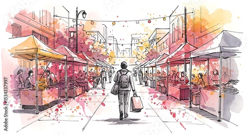 Watercolor Sketch Man Walking Away from Outdoor Market