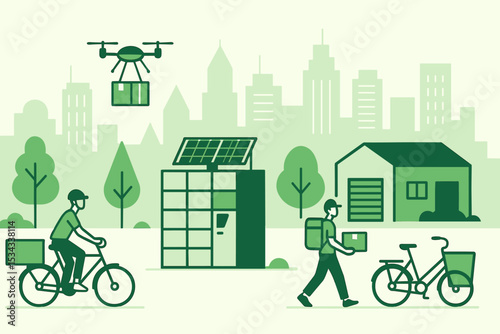 Eco-friendly delivery system with bikes, drone, and solar hub