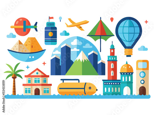 Colorful travel icons collection flat design isolated on white background
