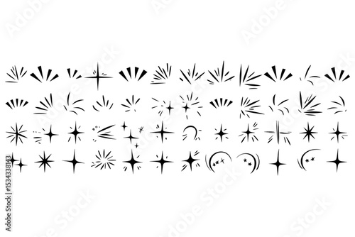 Doodle line sparkle vector set, hand drawn shining stars, comic burst elements, and decorative glowing sparkling star highlight. Cartoon explosion, dynamic light flash, twinkle star, firework effect,