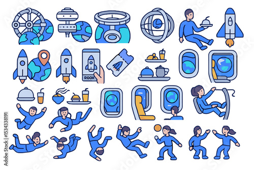 Whimsical space tourism icons with rockets, orbital hotels, zero-G dining, and fun