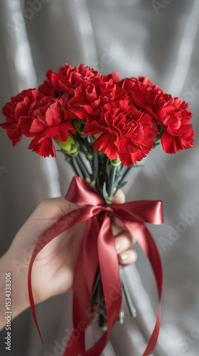 Elegant Bouquet of Red Carnations with Satin Ribbon Against Soft Gray Background for Romantic and Festive Occasions