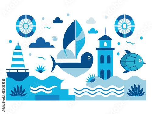 Stylized seascape illustration with boat lighthouse and fish isolated on white background
