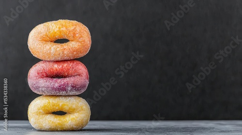 Colorful Frosted Donuts Stacked on a Gray Background