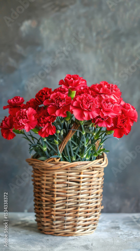 Vibrant Red Carnations in Woven Basket Against Rustic Gray Background for Home Decor and Floral Arrangements