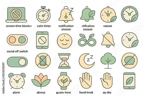 Minimalist digital wellness icons in soft pastel tones