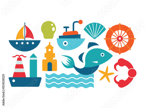 Collection of cute nautical icons and sea creatures isolated on white background
