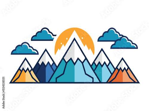 Stylized mountain range illustration with sun and clouds isolated on white background
