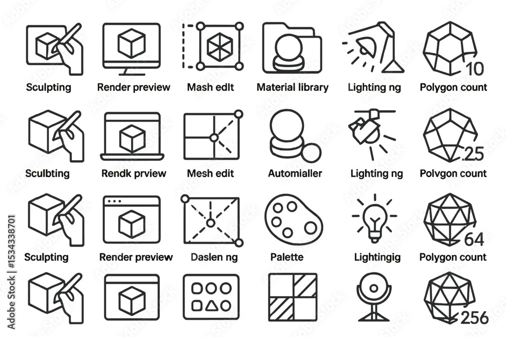 Fototapeta premium 3D modeling tool outline icons with editable text labels