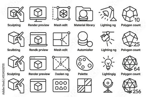 3D modeling tool outline icons with editable text labels