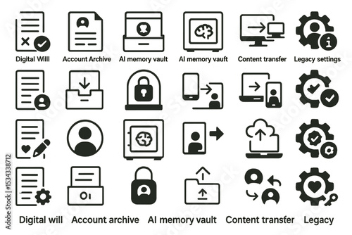 Set of digital legacy and AI memory icons on metallic background