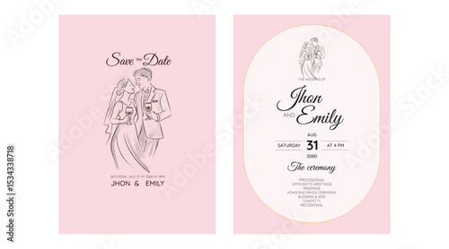 Elegant wedding invitation card background vector. Minimal hand drawn bride and groom in watercolor botanical flowers texture. Design for wedding, vip cover template, rsvp modern card, poster.