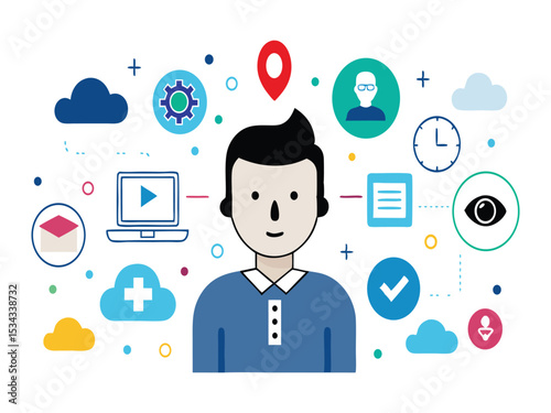 Modern man connected to digital world illustration isolated on white background
