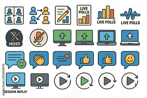 Colorful UI icon set for online meetings, feedback, and live polls