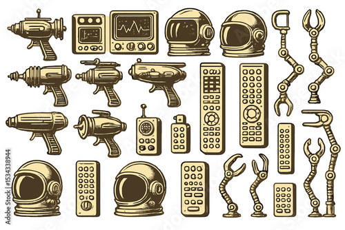 Vintage sci-fi gadgets collection: ray guns, helmets, robotic arms