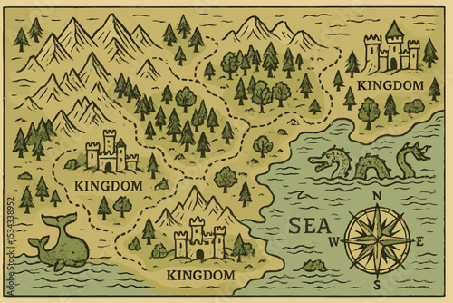 Vintage fantasy map with kingdoms, forests, mountains, and sea monsters