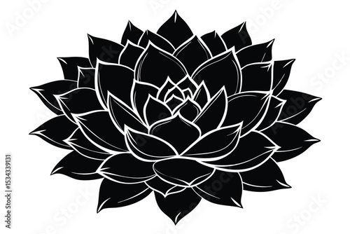 Stylized Black and White Succulent Drawing with Sharp Petals Layered in Floral Pattern
