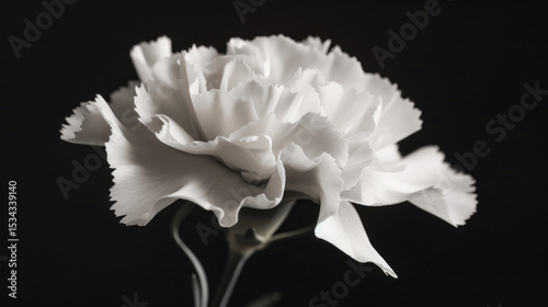 Elegant White Carnation Flower on Black Background Highlighting Delicate Petals and Intricate Details in Studio Lighting