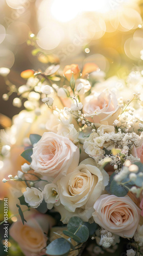Elegant Bouquet of Soft Pink and White Roses with Baby's Breath in Sunlit Garden Setting