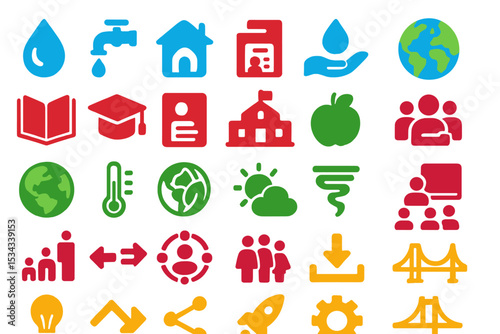Multicolored flat icons representing sustainability, education, and community
