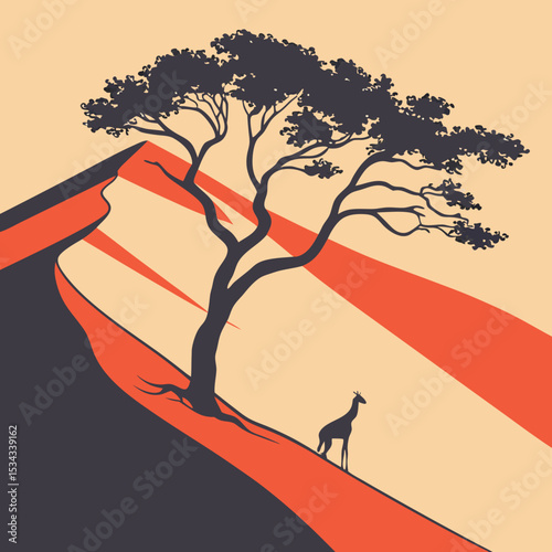 Elegant Desert Landscape Design Featuring a Lone Tree and Giraffe Silhouette