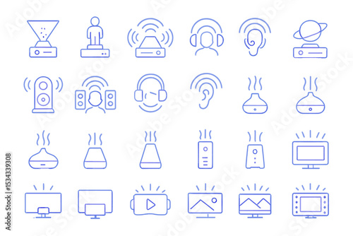Neon-style icons of sensory tech including audio, aroma, and visual devices