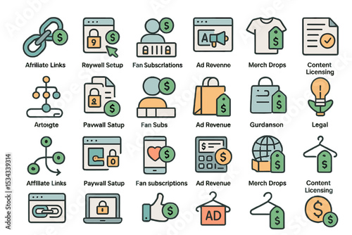 Flat icon set for digital monetization and online content earnings