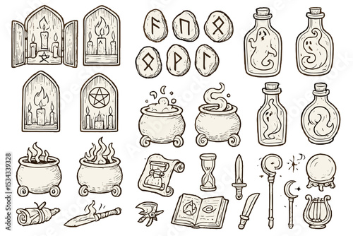Vintage fantasy icons of potions, cauldrons, runes, and magical relics