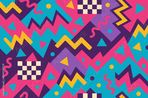 Bold Memphis-style pattern with zigzags, triangles, and vibrant colors