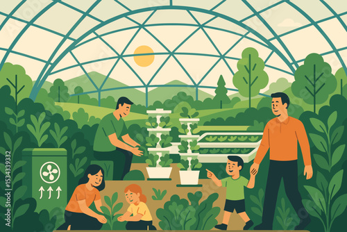 Illustration of families gardening together in a modern greenhouse dome