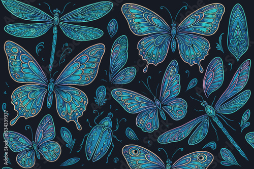 Seamless pattern of luminous butterflies and dragonflies in neon tones