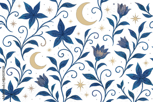 Seamless floral night pattern with glowing moons and stars