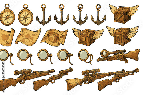 Vintage steampunk adventure icons with maps, crates, and rifles
