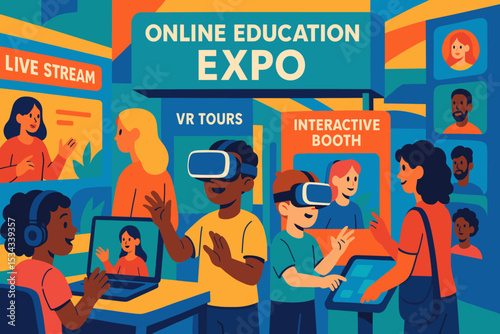 Illustration of online education expo with VR tours and live streams