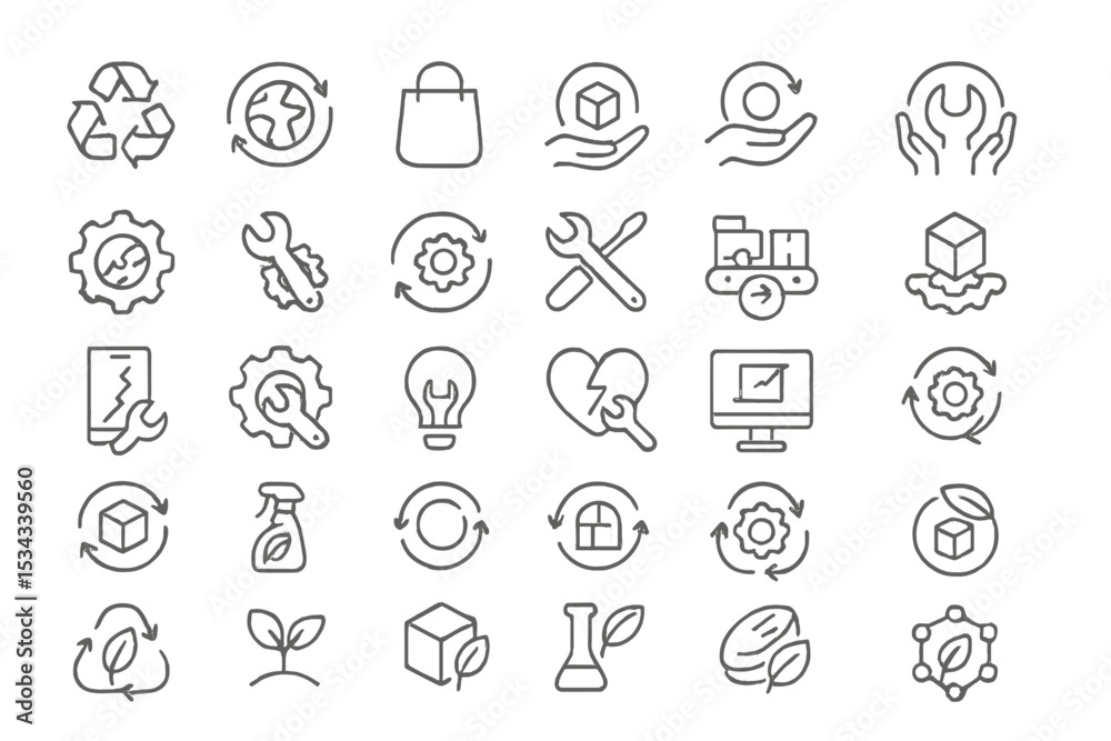 Set of sustainability and repair icons in metallic line style