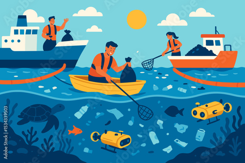 People cleaning ocean plastic with boats and underwater drones