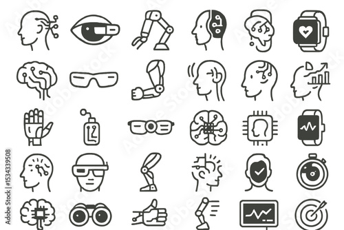 Minimalist icons of wearable tech, brain-computer interfaces, and robotics