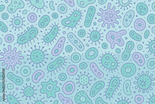 Seamless pastel pattern with cartoon microbes and bacteria shapes