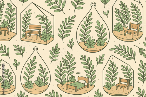 Seamless pattern of cozy terrariums with furniture and leafy plants