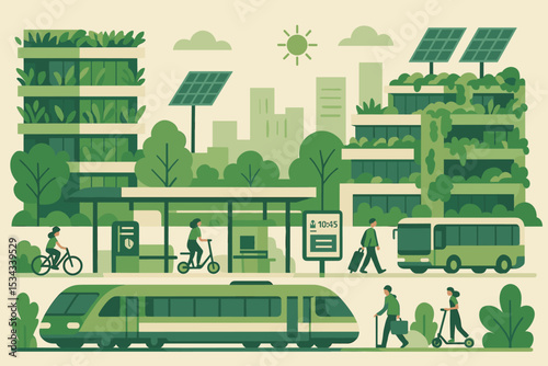 Eco-friendly cityscape with green transport and sustainable buildings