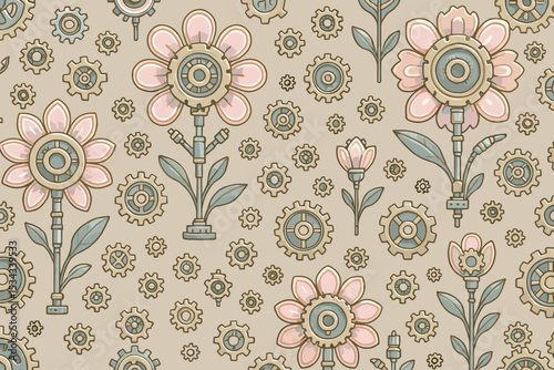 Seamless steampunk floral pattern with gears and mechanical flowers