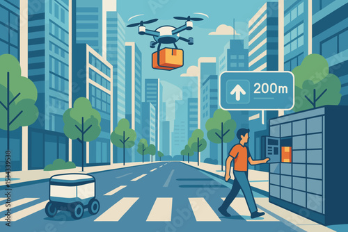 Futuristic city delivery scene with drone and autonomous robot